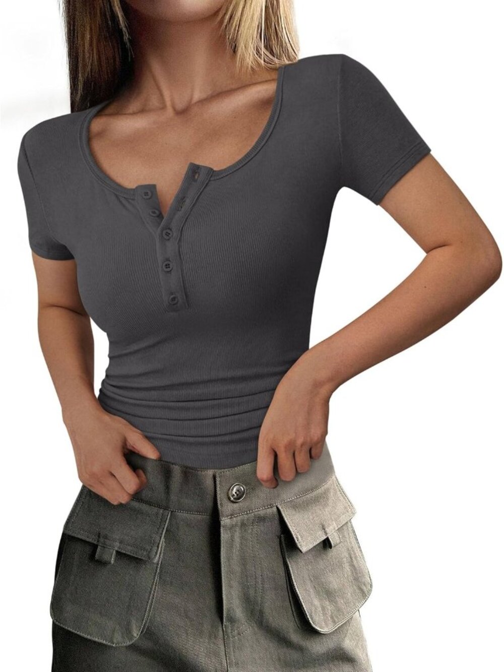 Women's Dark Grey Short Sleeve Ribbed Henley Button Slim Fit Casual T Shirts